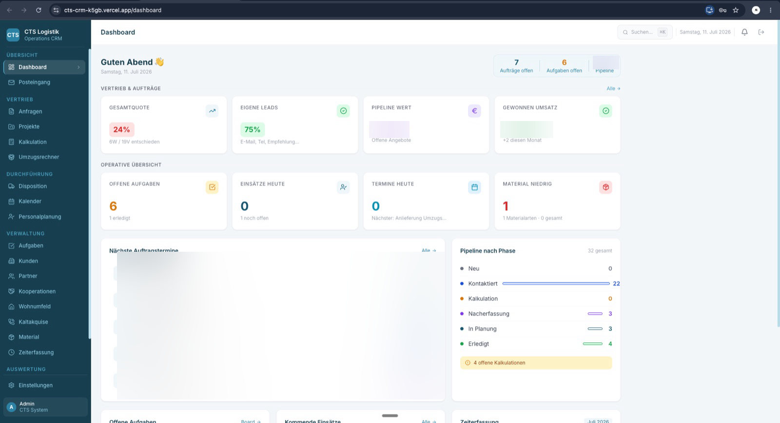 Orbexia Operations-CRM der CTS Logistik Hamburg: Dashboard mit Vertriebs-Pipeline, Auftragsterminen und Disposition